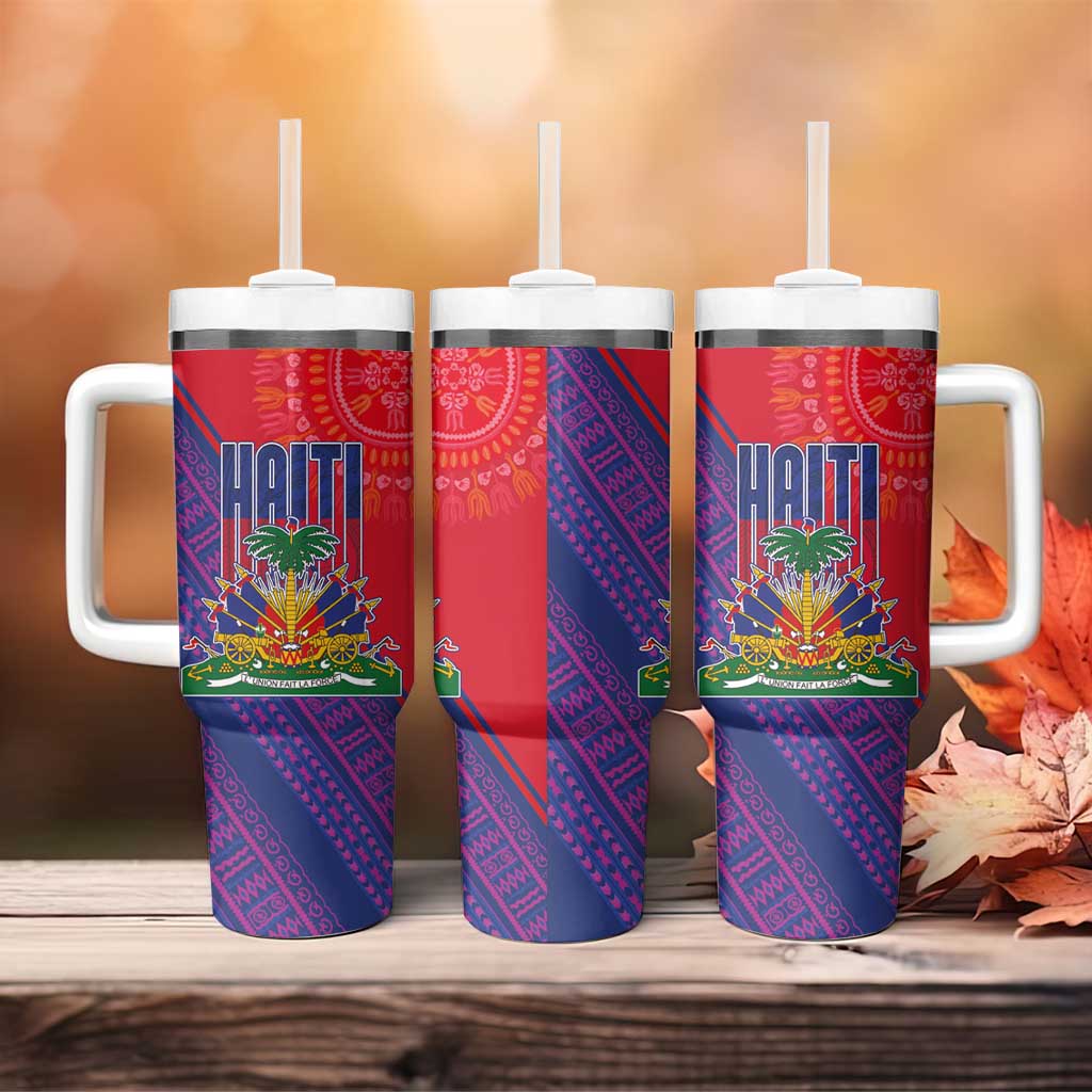 Haiti National Emblem Tumbler With Handle Dashiki and Polynesian Pattern