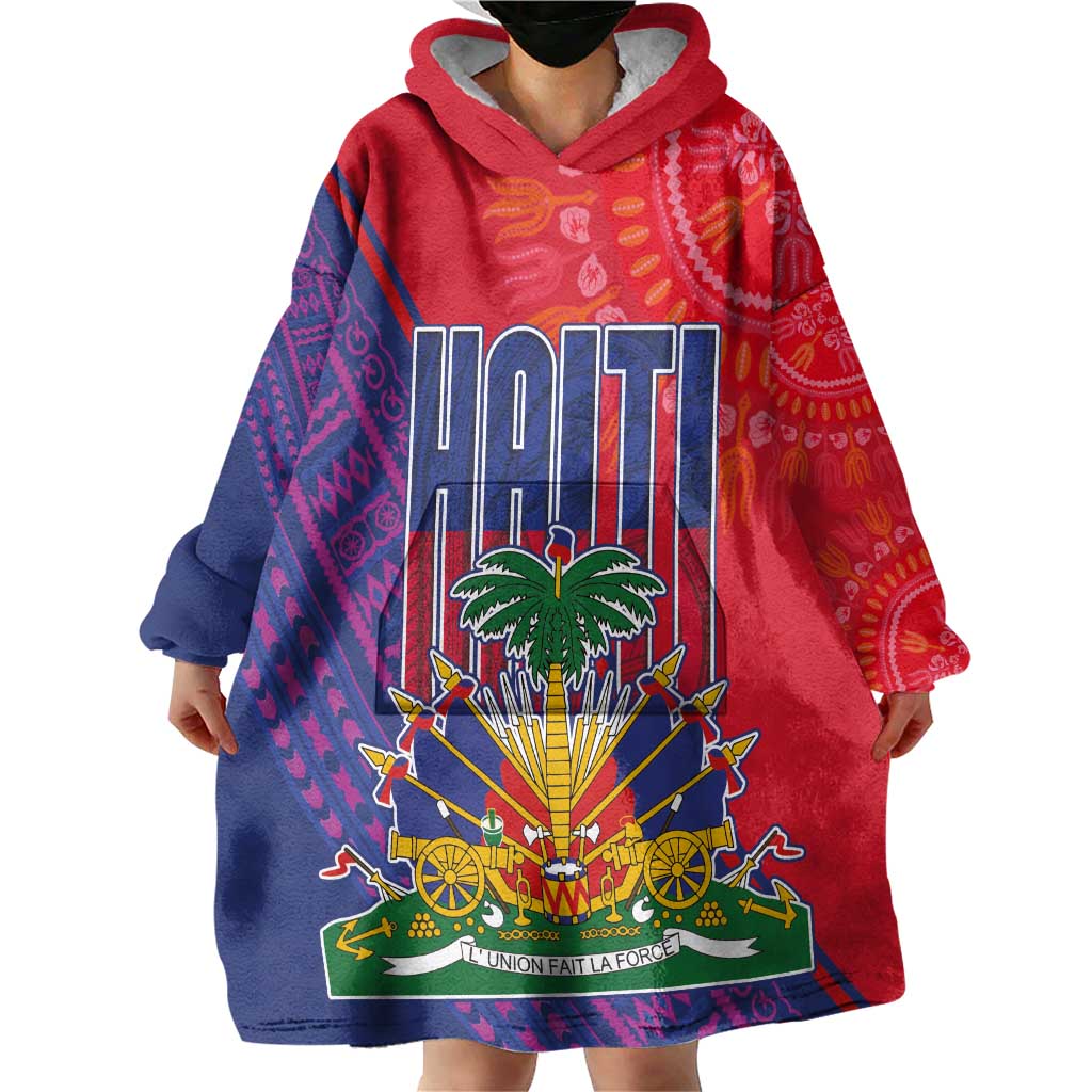 Haiti National Emblem Wearable Blanket Hoodie Dashiki and Polynesian Pattern
