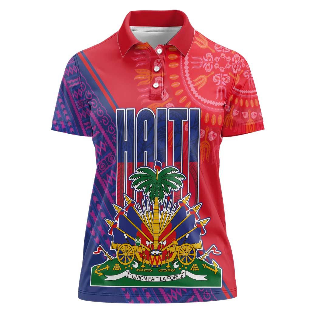 Haiti National Emblem Women Polo Shirt Dashiki and Polynesian Pattern