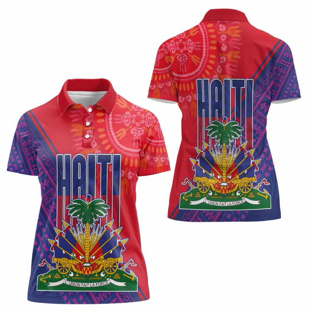 Haiti National Emblem Women Polo Shirt Dashiki and Polynesian Pattern