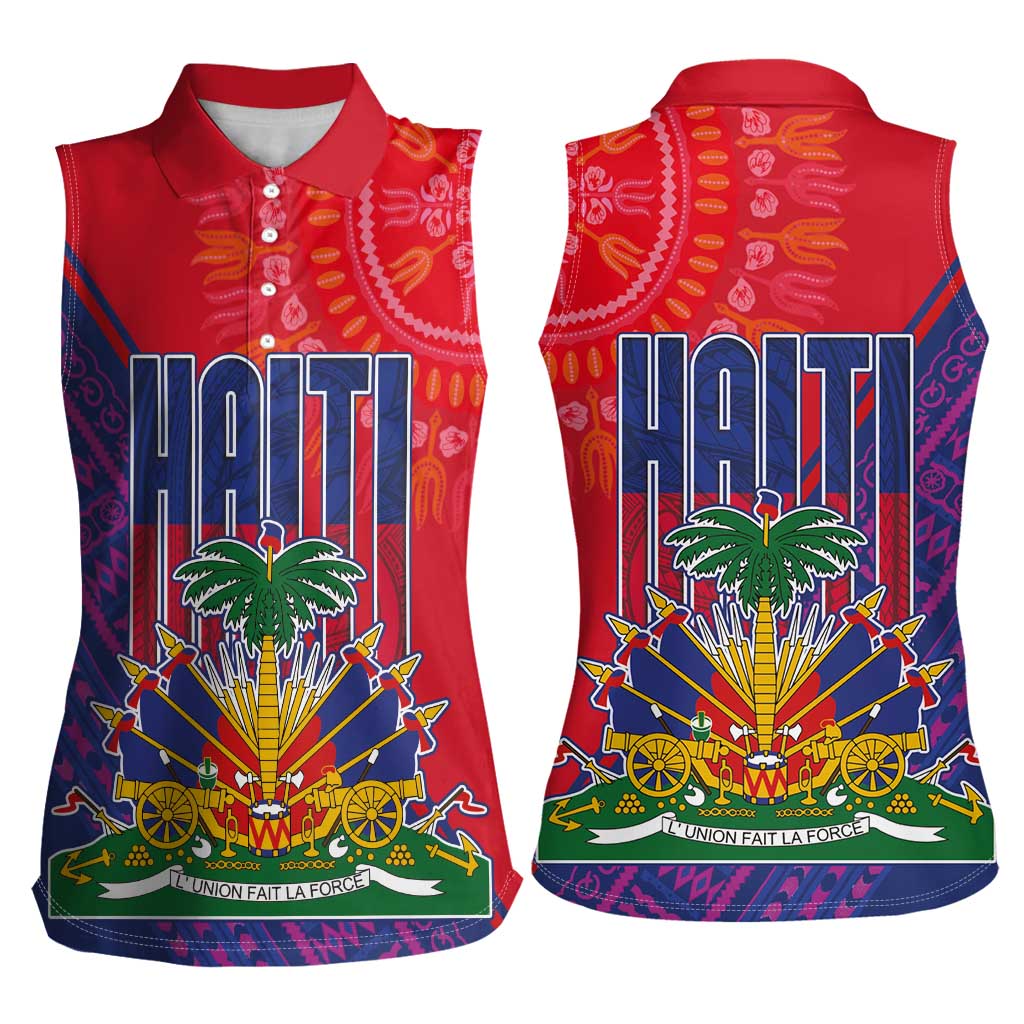 Haiti National Emblem Women Sleeveless Polo Shirt Dashiki and Polynesian Pattern