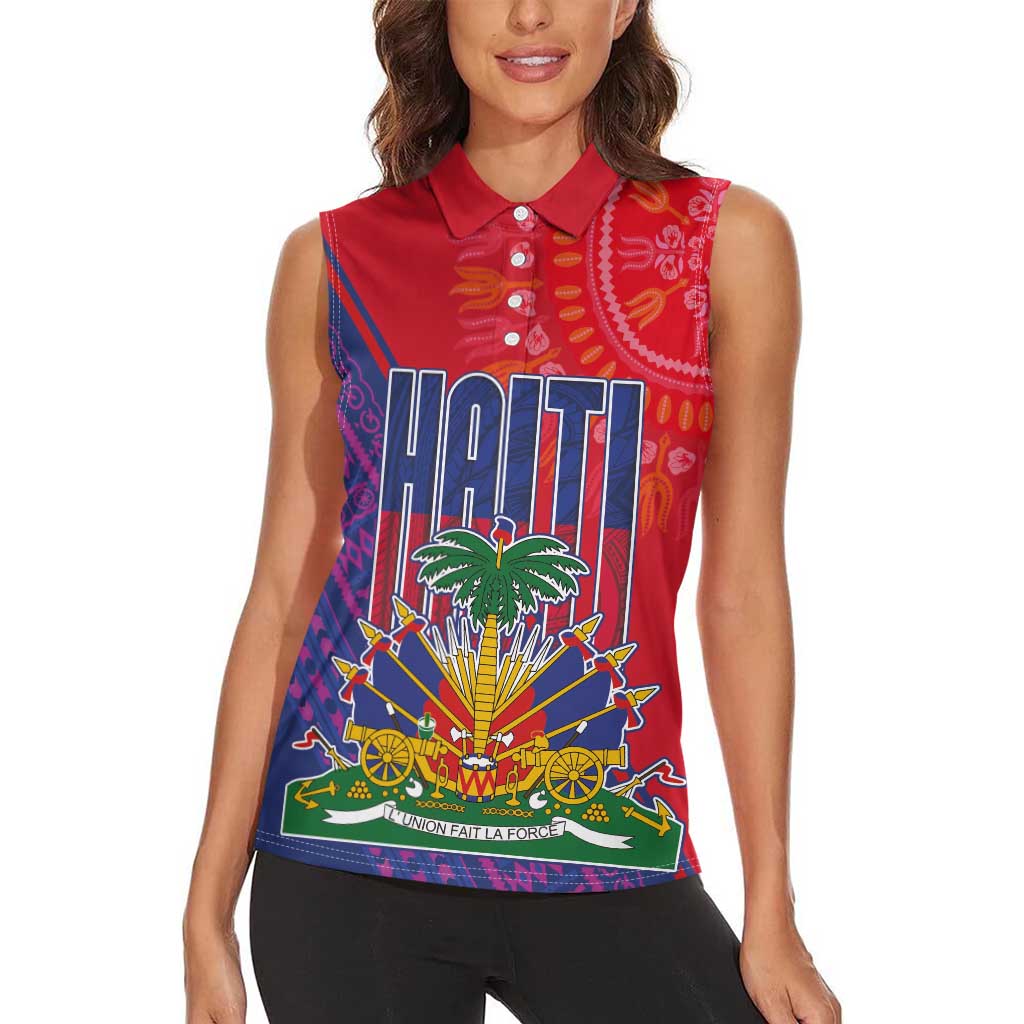 Haiti National Emblem Women Sleeveless Polo Shirt Dashiki and Polynesian Pattern