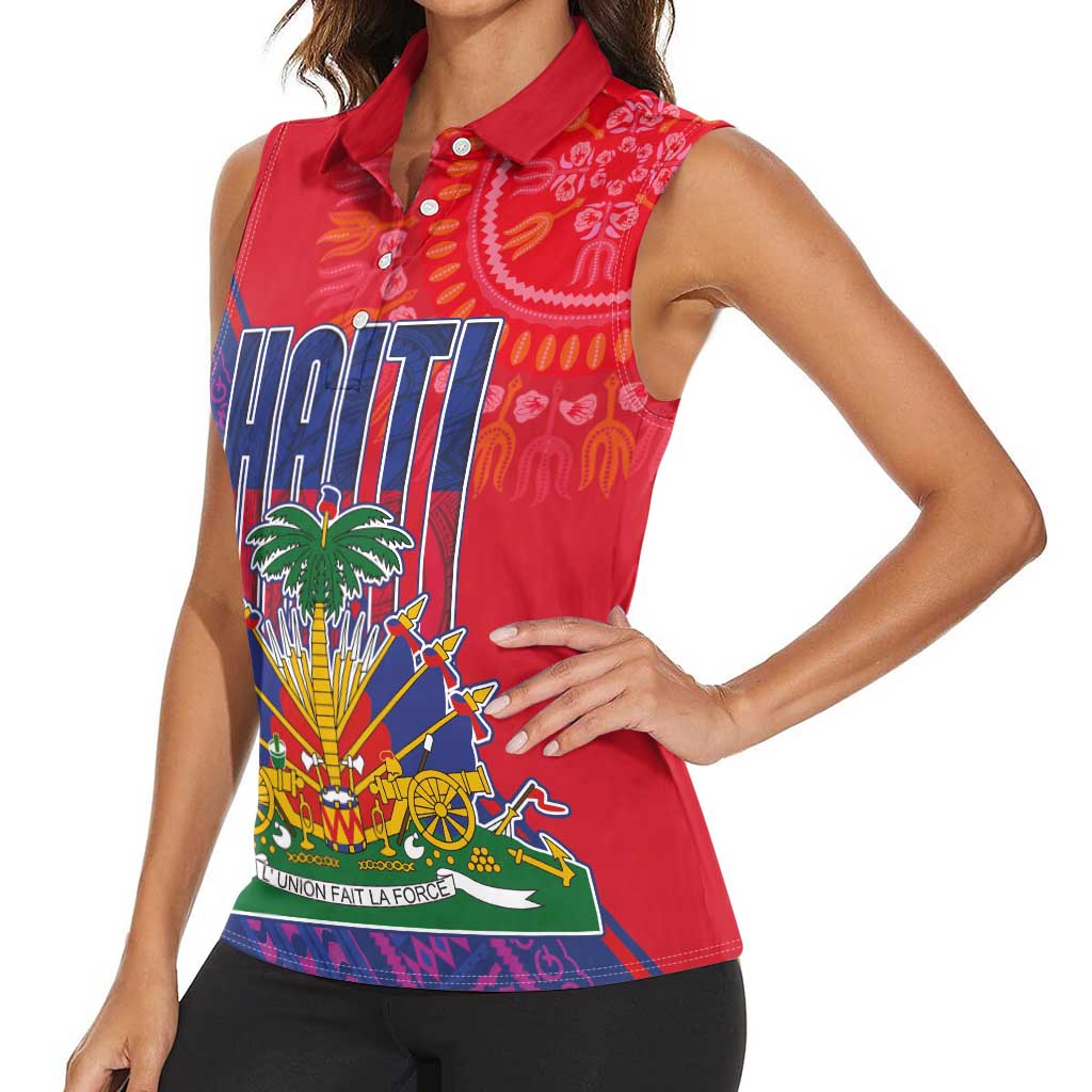 Haiti National Emblem Women Sleeveless Polo Shirt Dashiki and Polynesian Pattern
