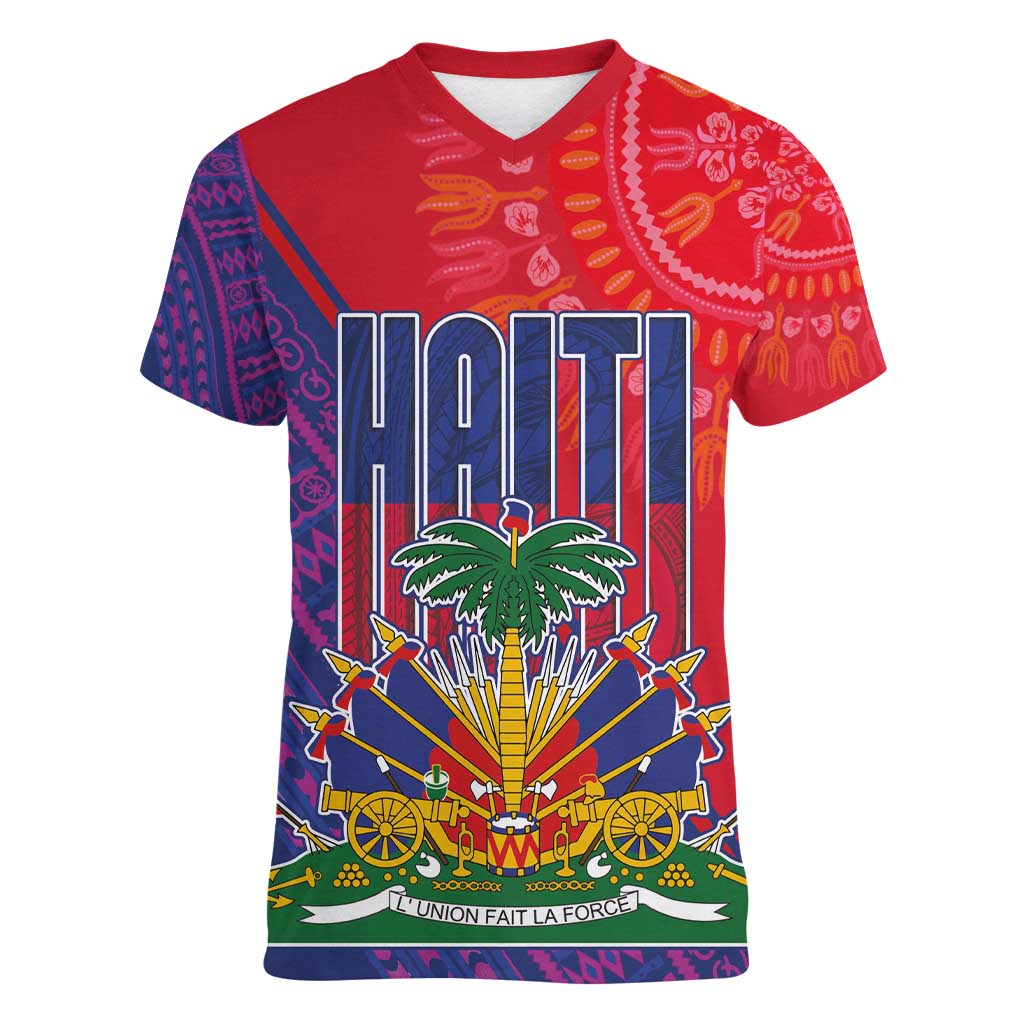 Haiti National Emblem Women V-Neck T-Shirt Dashiki and Polynesian Pattern