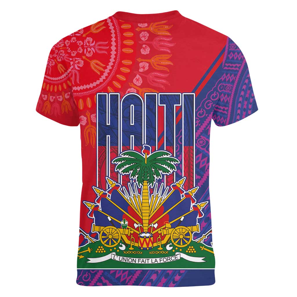 Haiti National Emblem Women V-Neck T-Shirt Dashiki and Polynesian Pattern