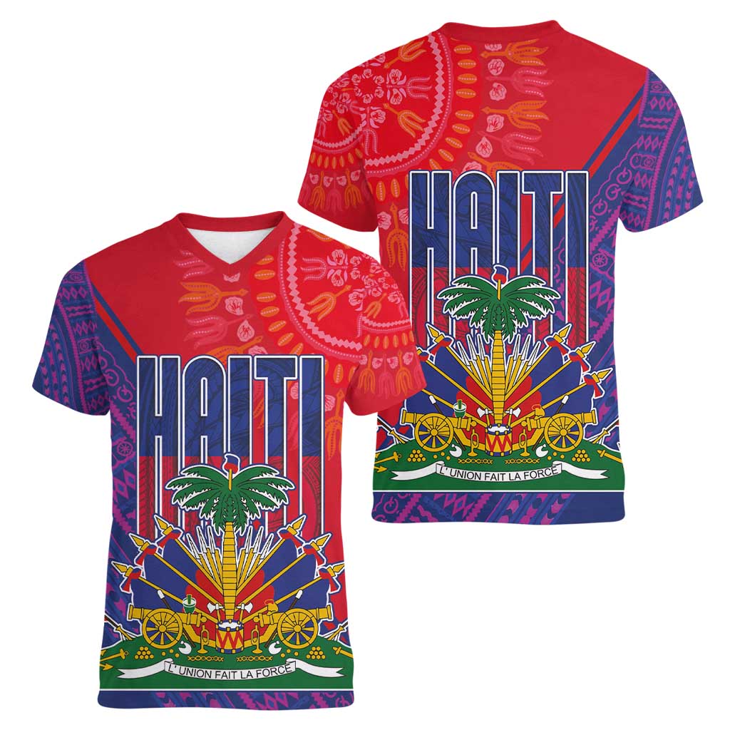 Haiti National Emblem Women V-Neck T-Shirt Dashiki and Polynesian Pattern