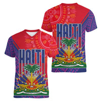 Haiti National Emblem Women V-Neck T-Shirt Dashiki and Polynesian Pattern