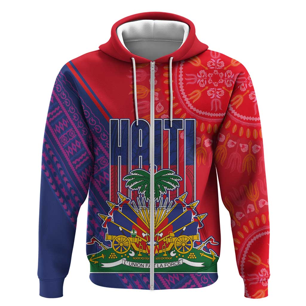 Haiti National Emblem Zip Hoodie Dashiki and Polynesian Pattern