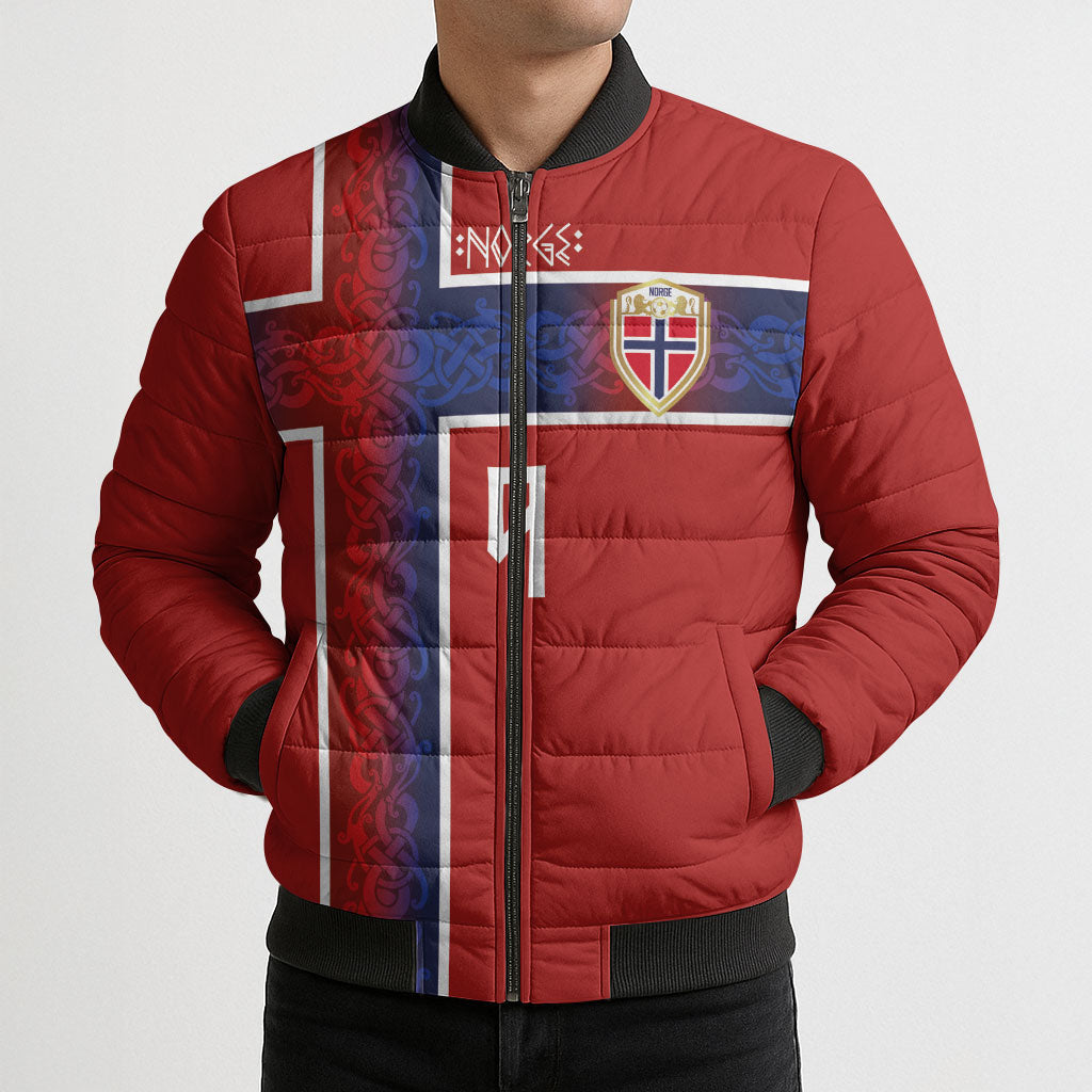 Norwegian Football Custom 2026 Bomber Puffer Jacket Norge Viking Ornament Red Color