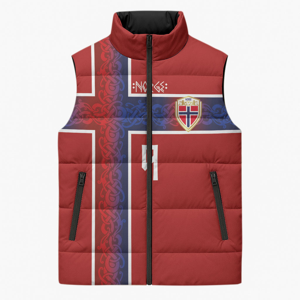 Norwegian Football Custom 2026 Sleeveless Puffer Jacket Norge Viking Ornament Red Color