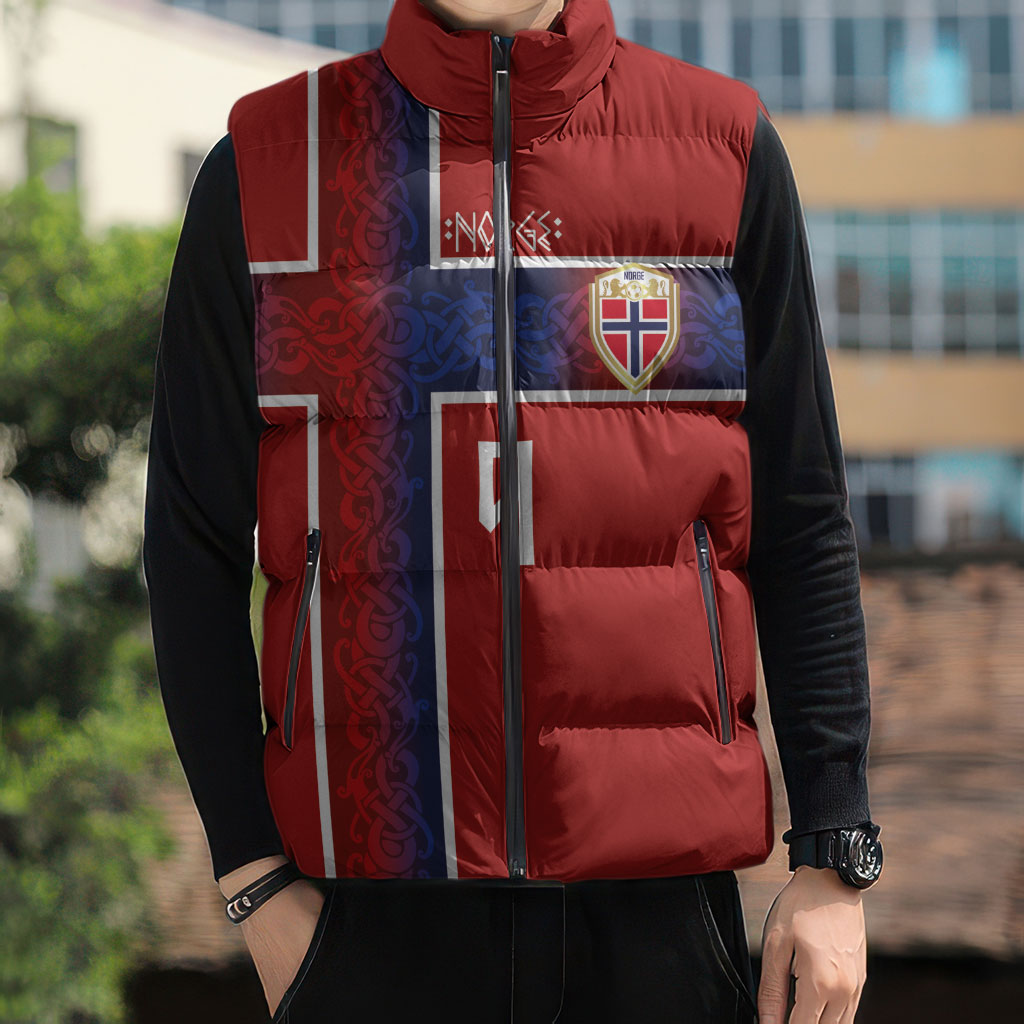 Norwegian Football Custom 2026 Sleeveless Puffer Jacket Norge Viking Ornament Red Color