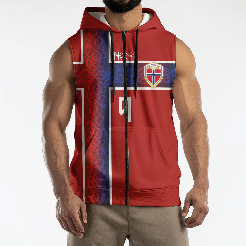 Norwegian Football Custom 2026 Sleeveless Zip Hoodie Norge Viking Ornament Red Color