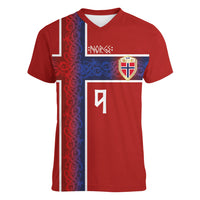 Norwegian Football Custom 2026 Women V-Neck T-Shirt Norge Viking Ornament Red Color