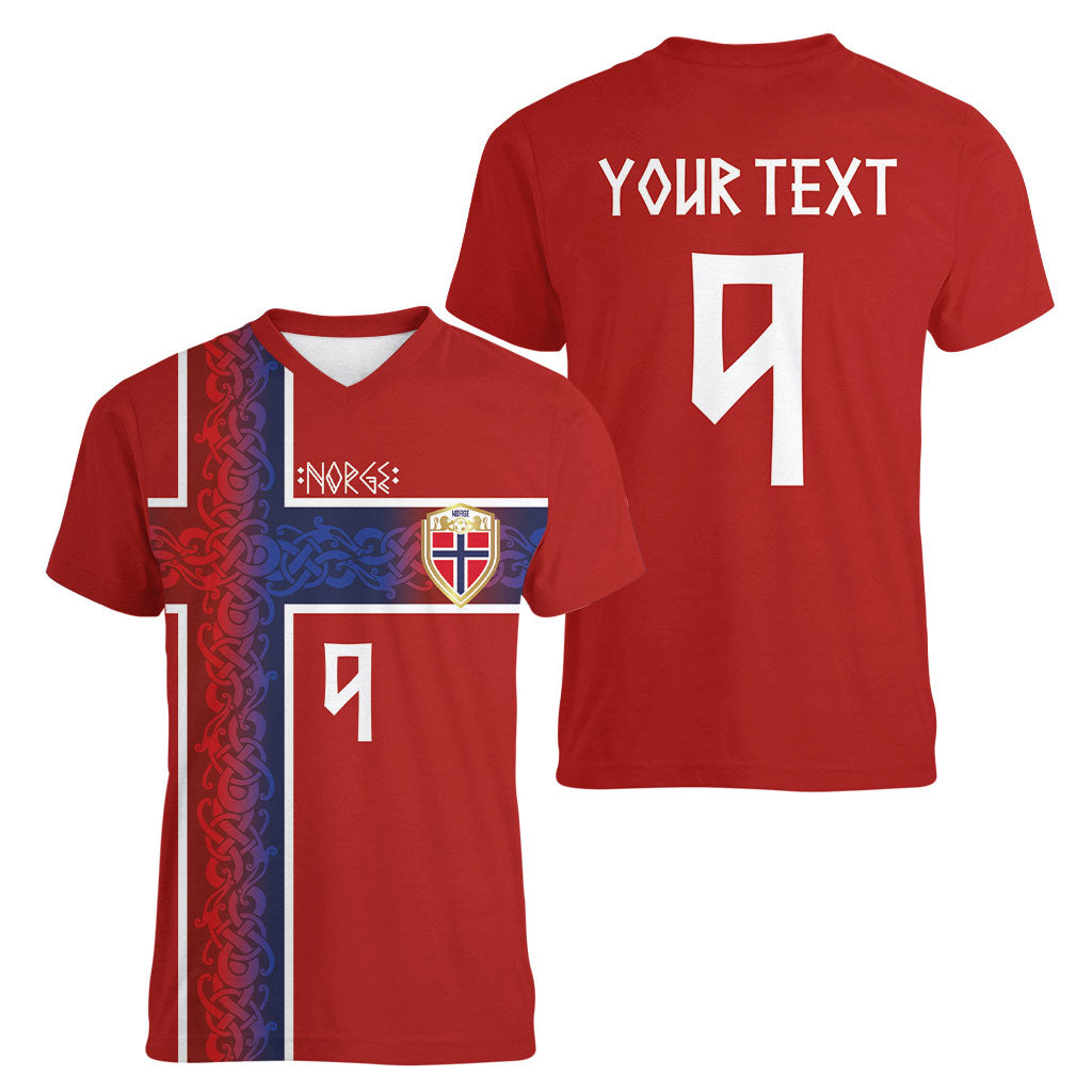 Norwegian Football Custom 2026 Women V-Neck T-Shirt Norge Viking Ornament Red Color