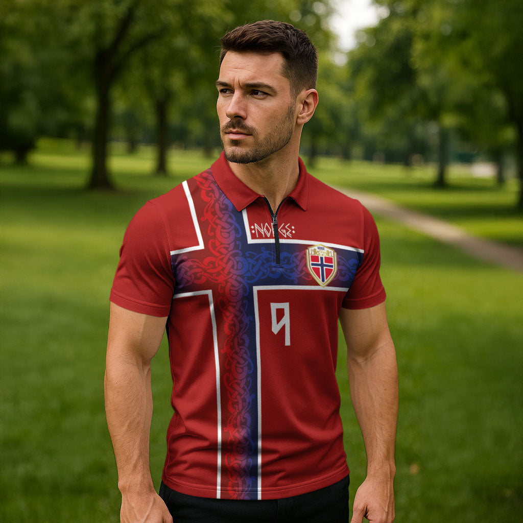Norwegian Football Custom 2026 Zipper Polo Shirt Norge Viking Ornament Red Color