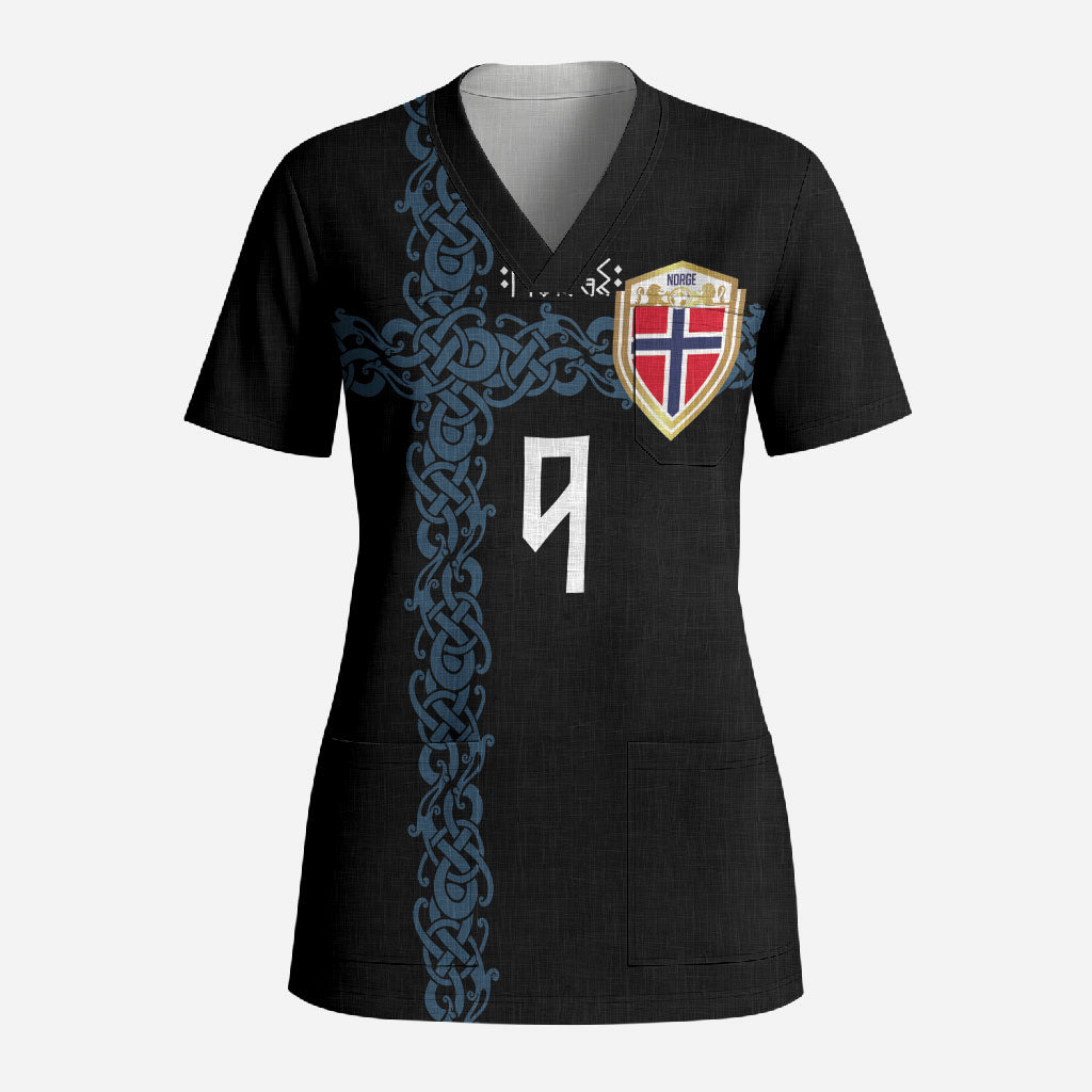 Norwegian Football Custom 2026 Scrub Top Norge Viking Ornament Black Color