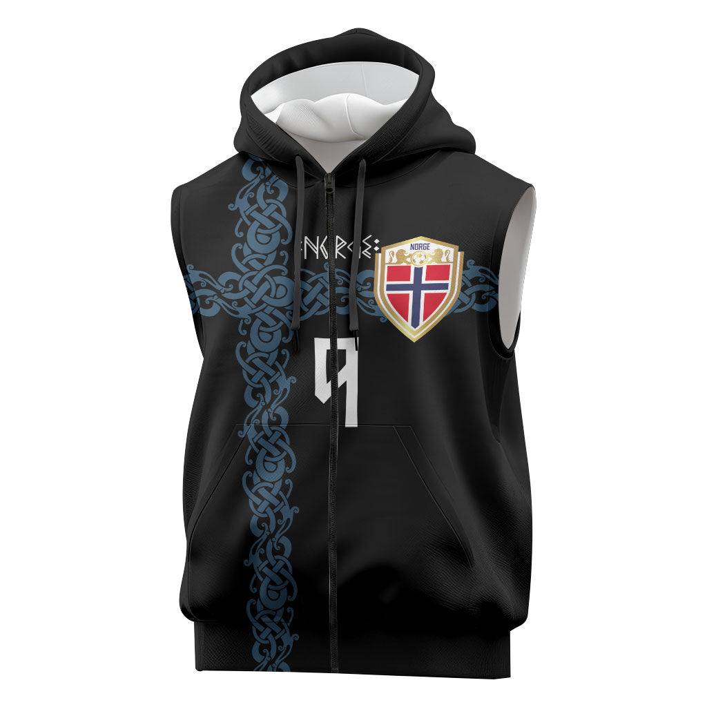 Norwegian Football Custom 2026 Sleeveless Zip Hoodie Norge Viking Ornament Black Color