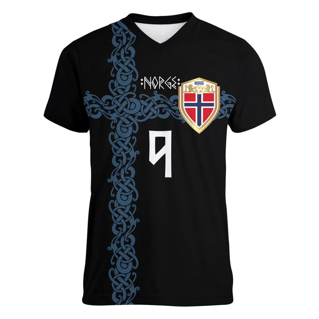 Norwegian Football Custom 2026 Women V-Neck T-Shirt Norge Viking Ornament Black Color