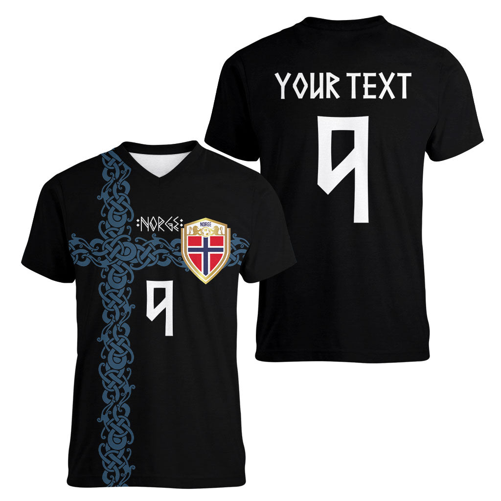 Norwegian Football Custom 2026 Women V-Neck T-Shirt Norge Viking Ornament Black Color