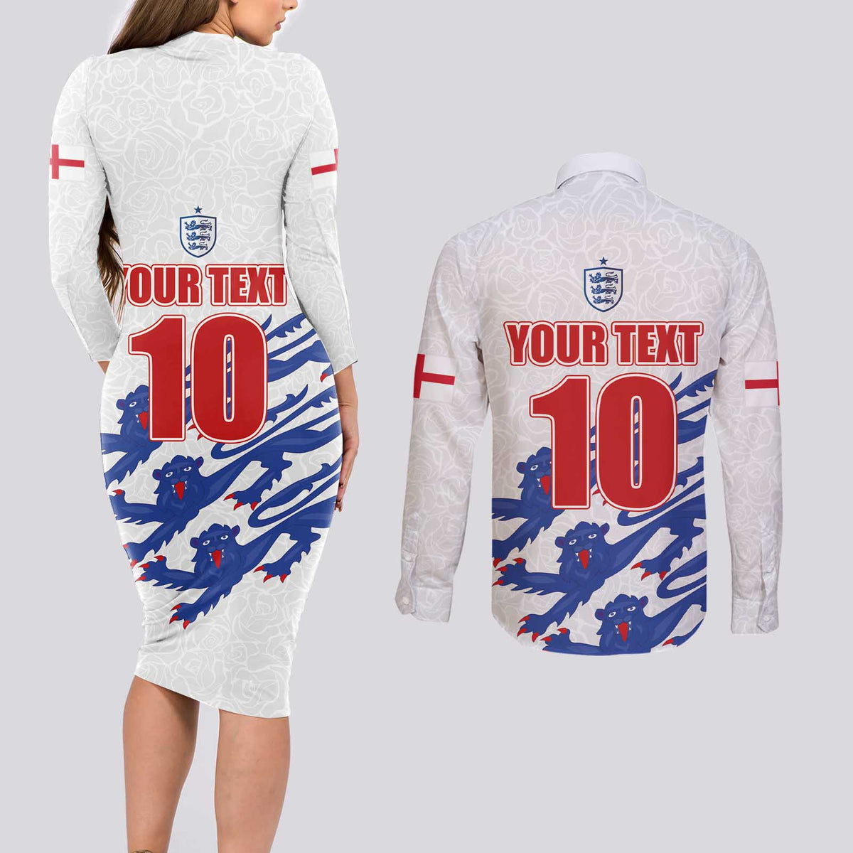 Custom England Football 2024 Road to The Champion Couples Matching Long Sleeve Bodycon Dress and Long Sleeve Button Shirt Football's Coming Home - Wonder Print Shop