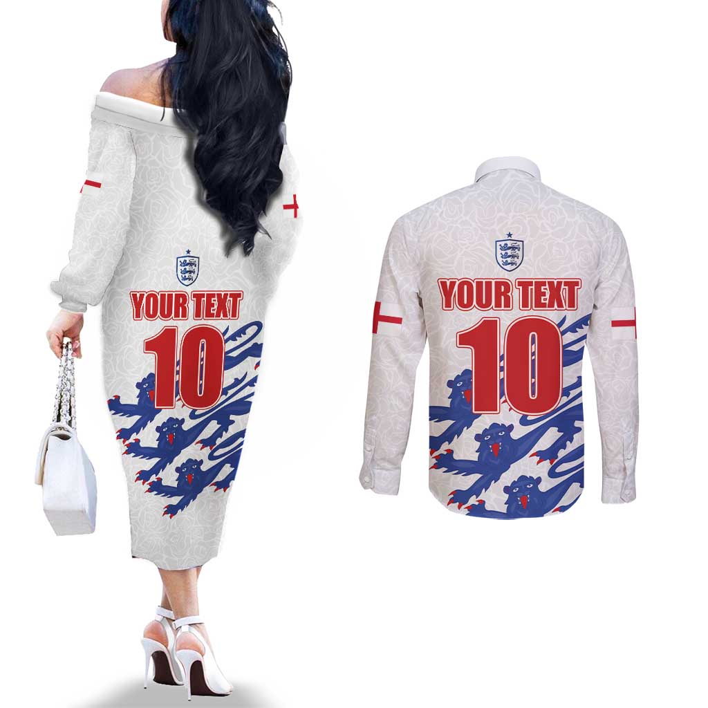 Custom England Football 2024 Road to The Champion Couples Matching Off The Shoulder Long Sleeve Dress and Long Sleeve Button Shirt Football's Coming Home