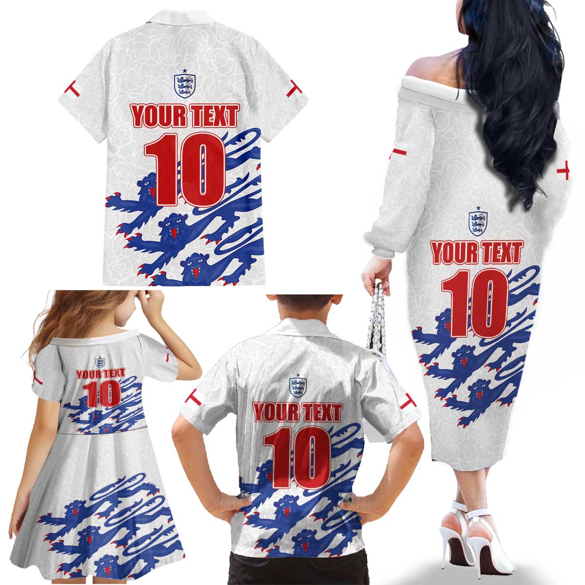 Custom England Football 2024 Road to The Champion Family Matching Off The Shoulder Long Sleeve Dress and Hawaiian Shirt Football's Coming Home - Wonder Print Shop