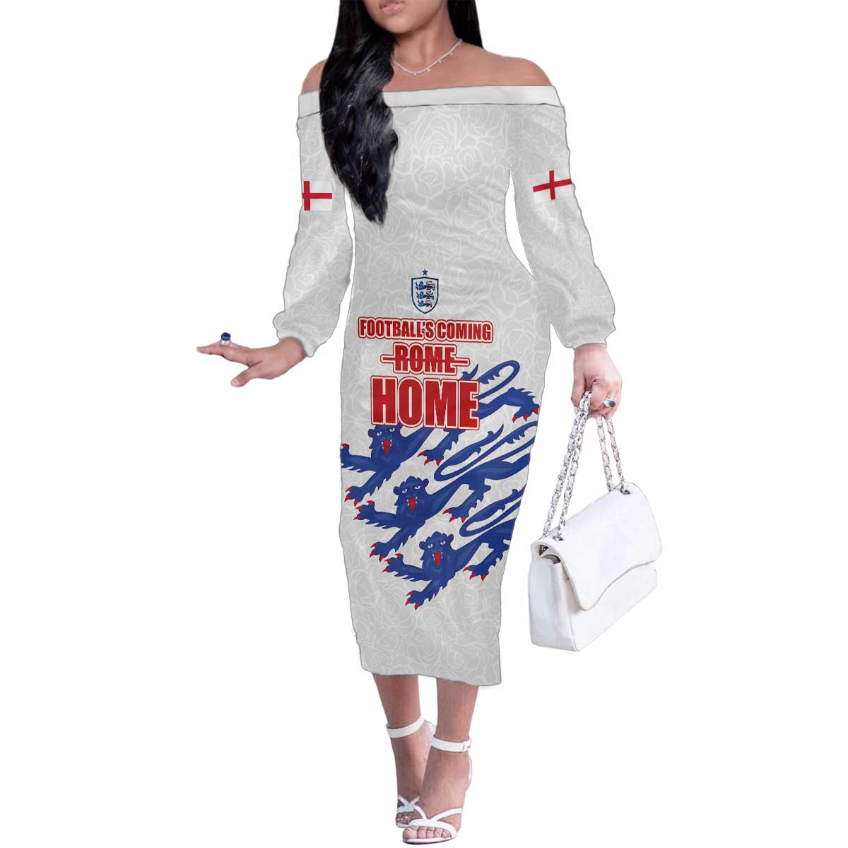 Custom England Football 2024 Road to The Champion Family Matching Off The Shoulder Long Sleeve Dress and Hawaiian Shirt Football's Coming Home - Wonder Print Shop