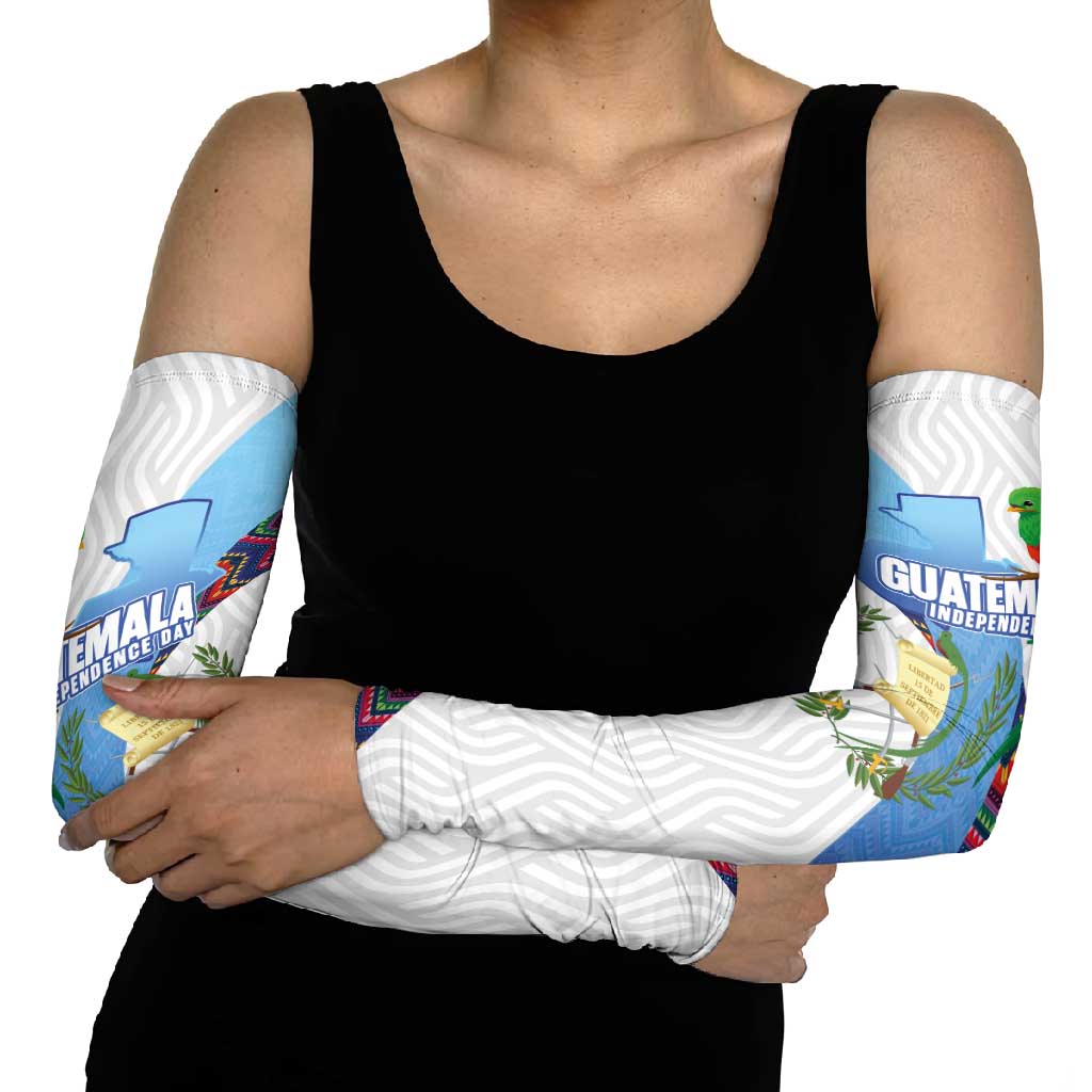 Guatemala Independence Day Arm Sleeves Resplendent Quetzal with Coat of Arms and Maya Textiles - Wonder Print Shop