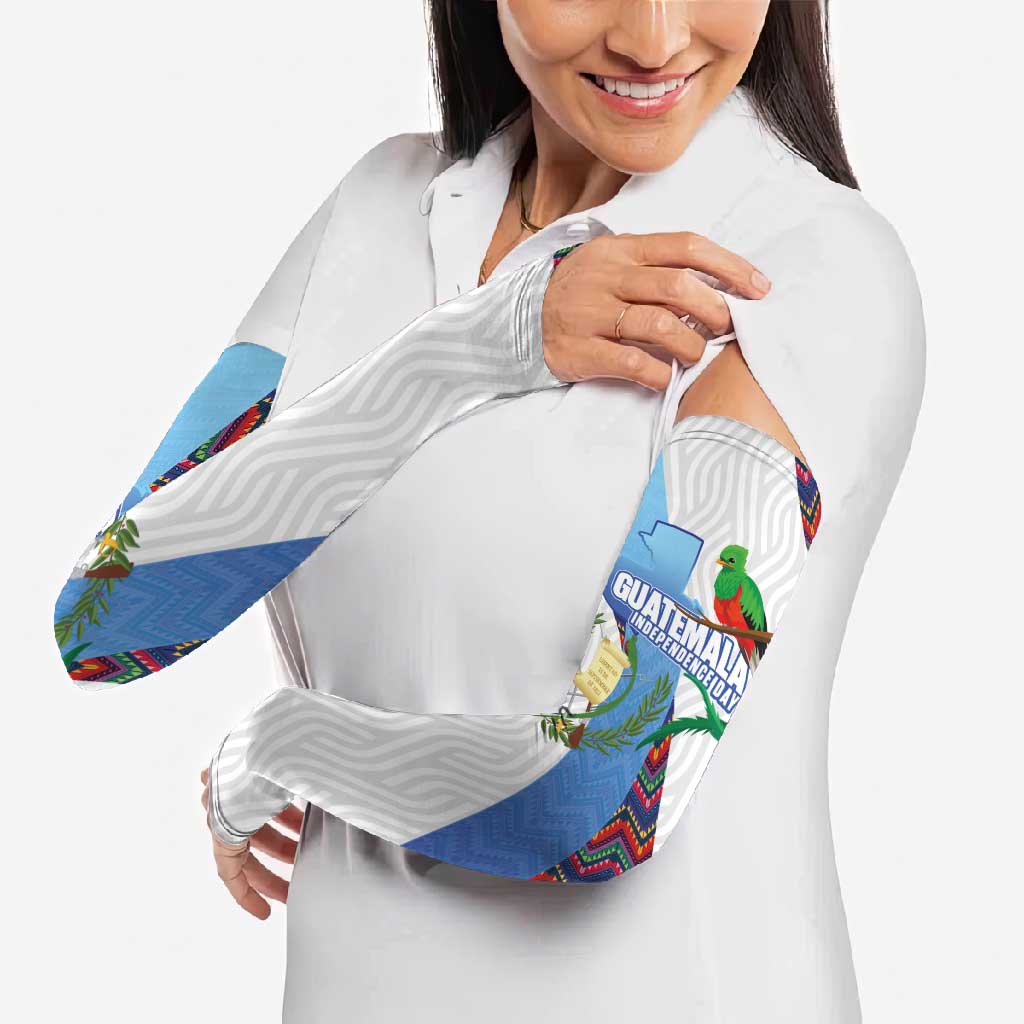Guatemala Independence Day Arm Sleeves Resplendent Quetzal with Coat of Arms and Maya Textiles - Wonder Print Shop