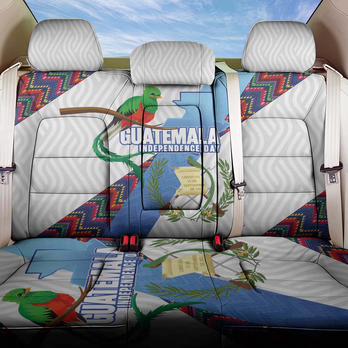 Guatemala Independence Day Back Car Seat Cover Resplendent Quetzal with Coat of Arms and Maya Textiles - Wonder Print Shop
