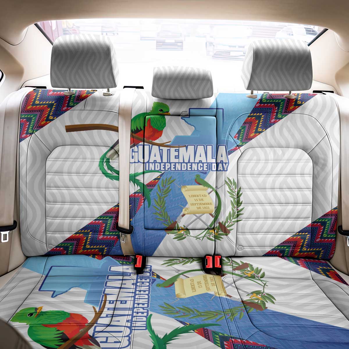Guatemala Independence Day Back Car Seat Cover Resplendent Quetzal with Coat of Arms and Maya Textiles - Wonder Print Shop