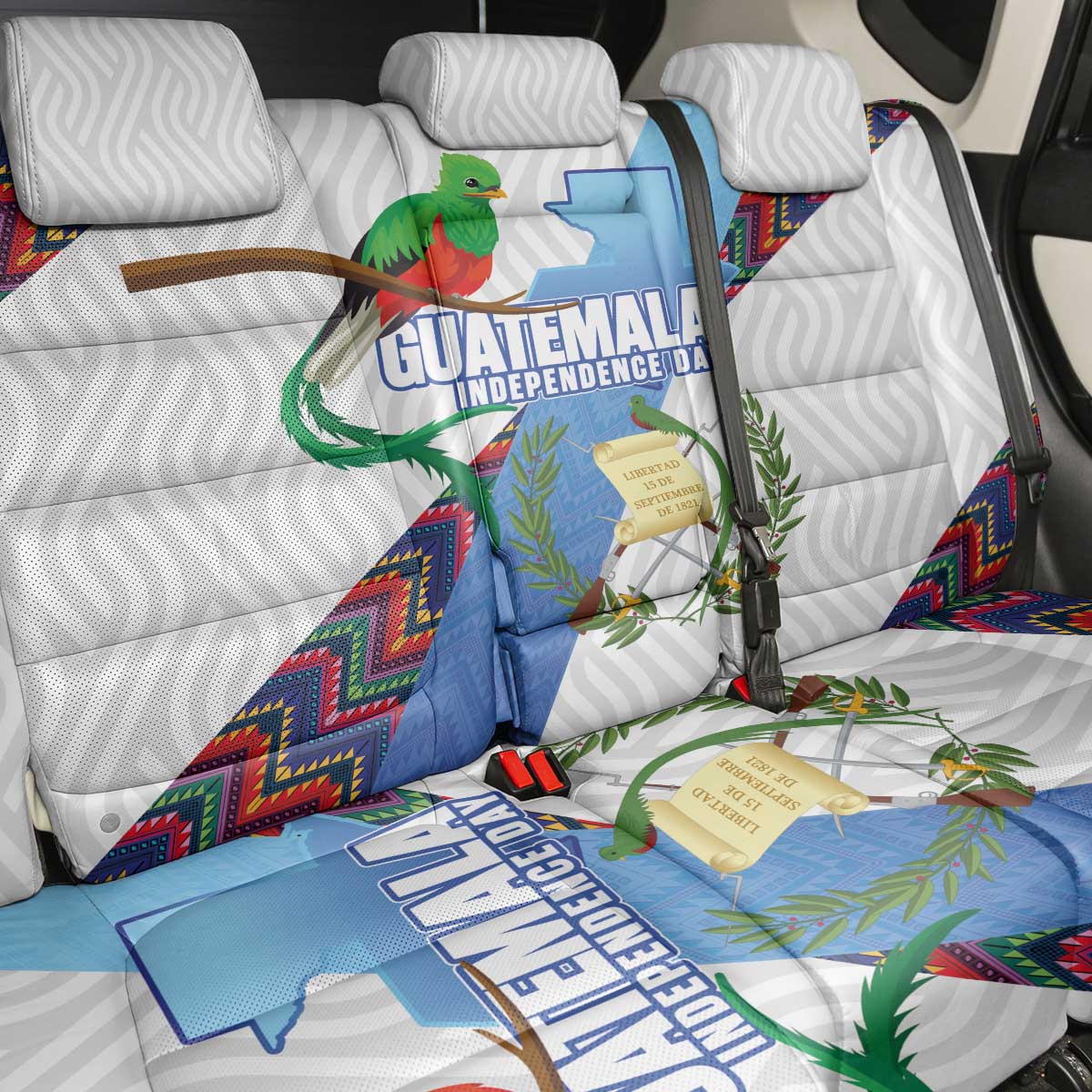 Guatemala Independence Day Back Car Seat Cover Resplendent Quetzal with Coat of Arms and Maya Textiles - Wonder Print Shop