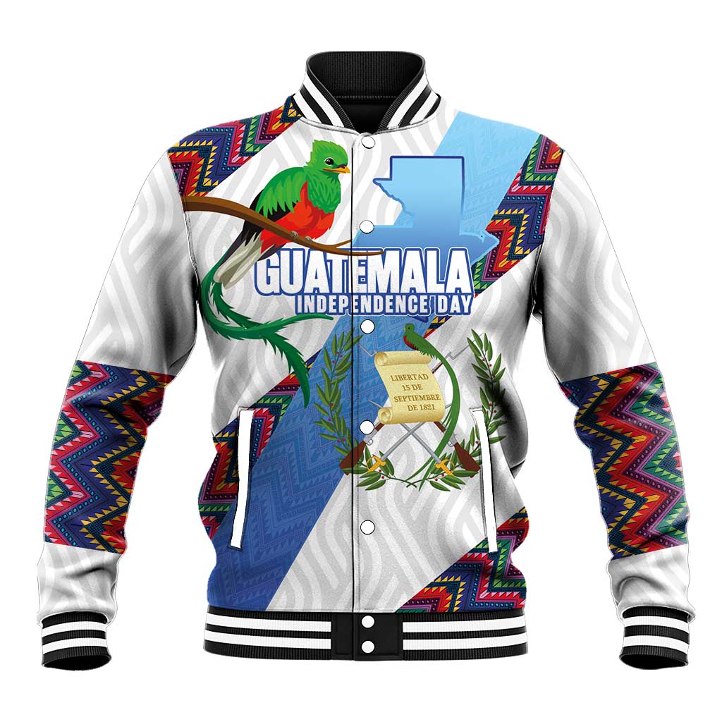 Guatemala Independence Day Baseball Jacket Resplendent Quetzal with Coat of Arms and Maya Textiles - Wonder Print Shop