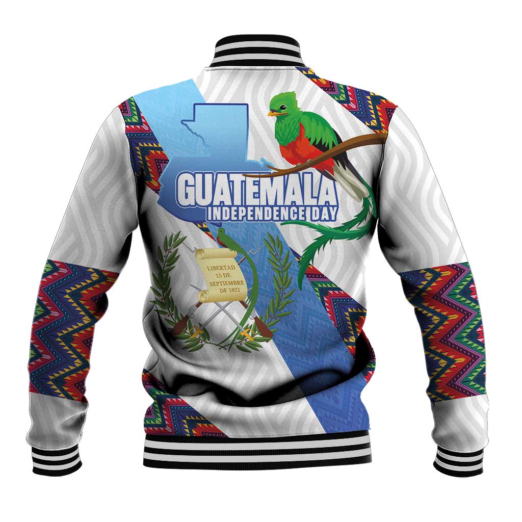 Guatemala Independence Day Baseball Jacket Resplendent Quetzal with Coat of Arms and Maya Textiles - Wonder Print Shop