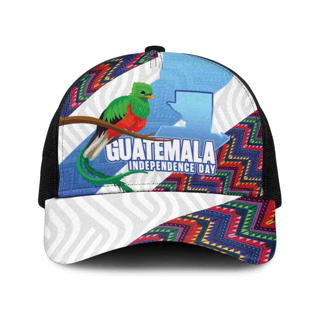 Guatemala Independence Day Baseball Net Cap Resplendent Quetzal with Coat of Arms and Maya Textiles - Wonder Print Shop