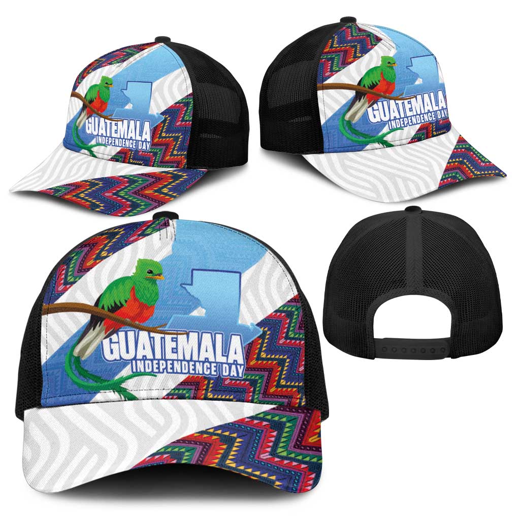 Guatemala Independence Day Baseball Net Cap Resplendent Quetzal with Coat of Arms and Maya Textiles - Wonder Print Shop