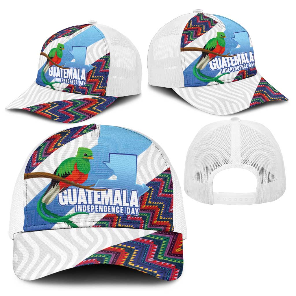 Guatemala Independence Day Baseball Net Cap Resplendent Quetzal with Coat of Arms and Maya Textiles - Wonder Print Shop