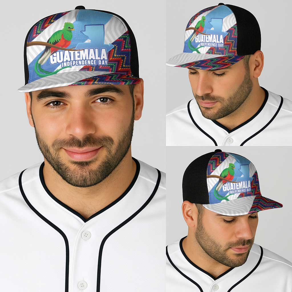 Guatemala Independence Day Baseball Net Cap Resplendent Quetzal with Coat of Arms and Maya Textiles - Wonder Print Shop