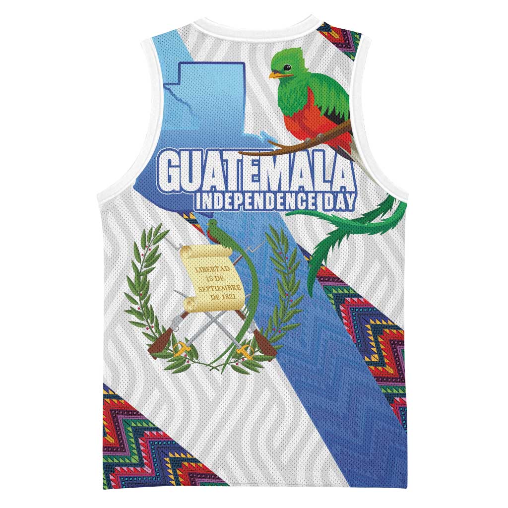 Guatemala Independence Day Basketball Jersey Resplendent Quetzal with Coat of Arms and Maya Textiles - Wonder Print Shop