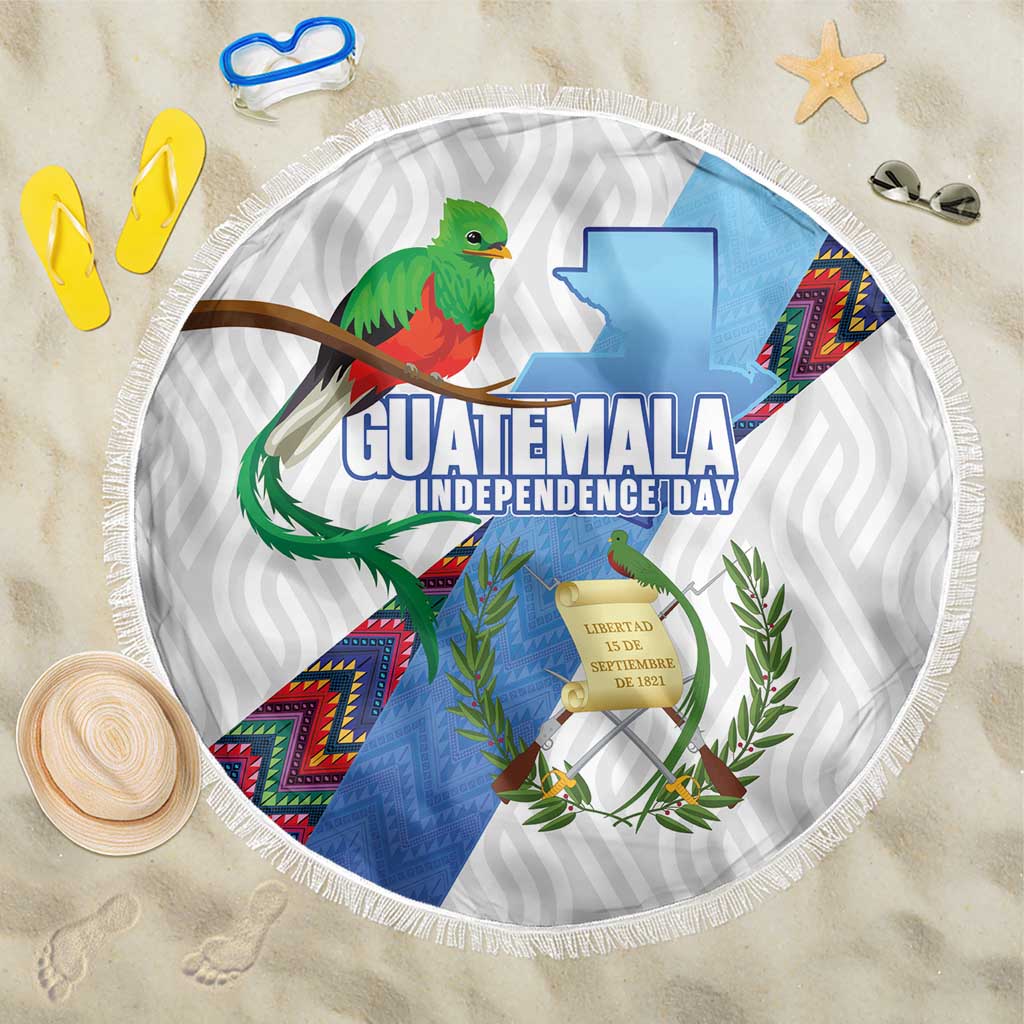 Guatemala Independence Day Beach Blanket Resplendent Quetzal with Coat of Arms and Maya Textiles - Wonder Print Shop