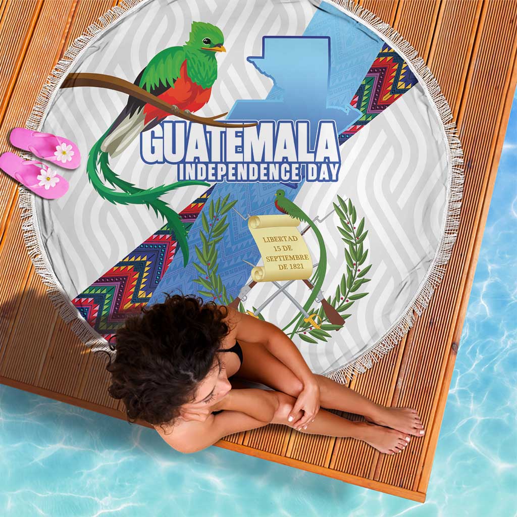 Guatemala Independence Day Beach Blanket Resplendent Quetzal with Coat of Arms and Maya Textiles - Wonder Print Shop
