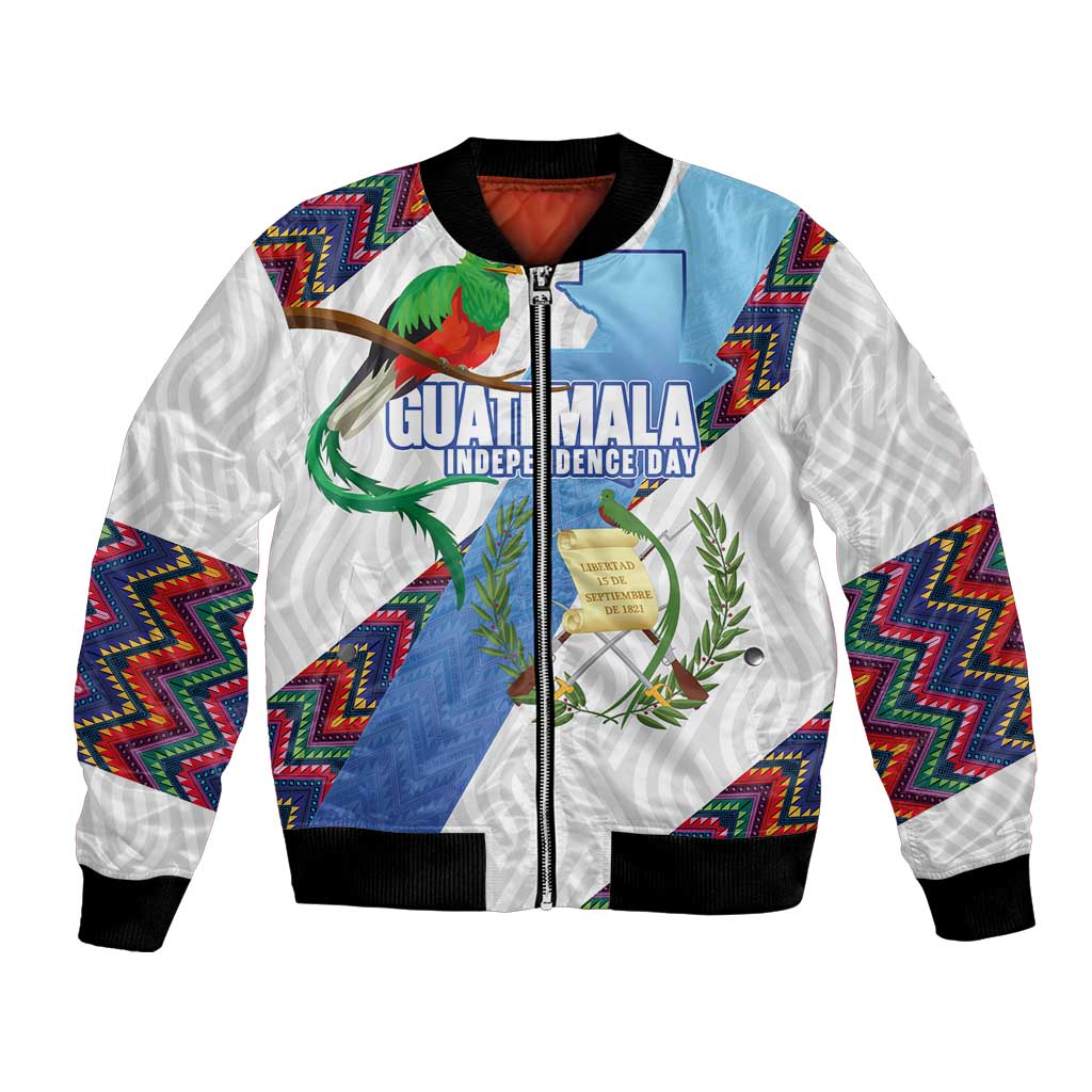Guatemala Independence Day Bomber Jacket Resplendent Quetzal with Coat of Arms and Maya Textiles - Wonder Print Shop