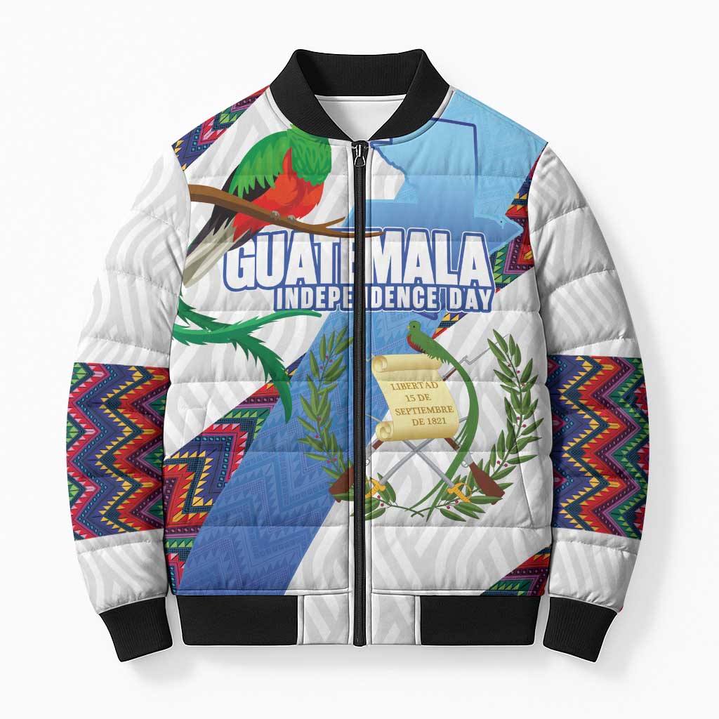 Guatemala Independence Day Bomber Puffer Jacket Resplendent Quetzal with Coat of Arms and Maya Textiles - Wonder Print Shop