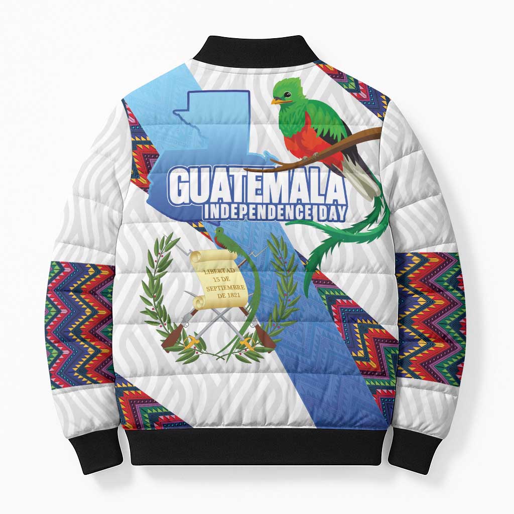 Guatemala Independence Day Bomber Puffer Jacket Resplendent Quetzal with Coat of Arms and Maya Textiles - Wonder Print Shop