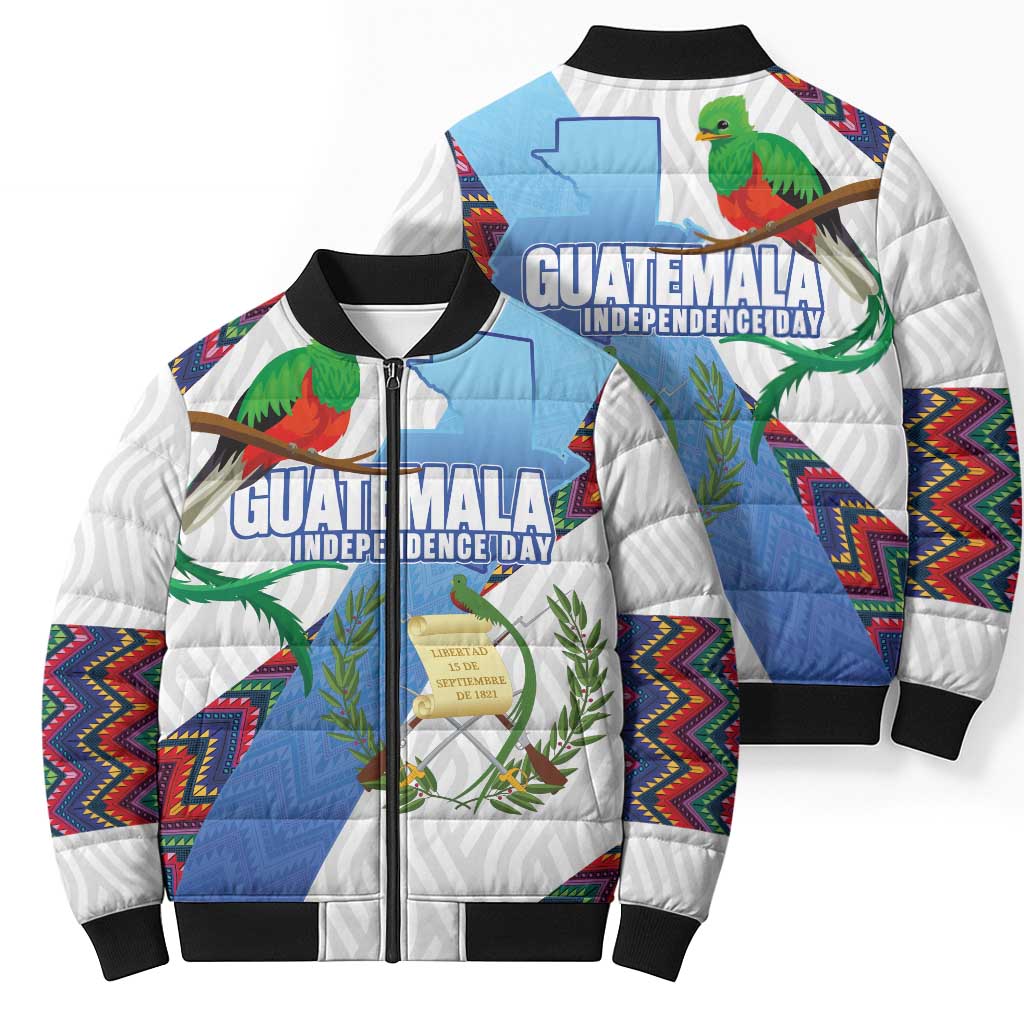 Guatemala Independence Day Bomber Puffer Jacket Resplendent Quetzal with Coat of Arms and Maya Textiles - Wonder Print Shop