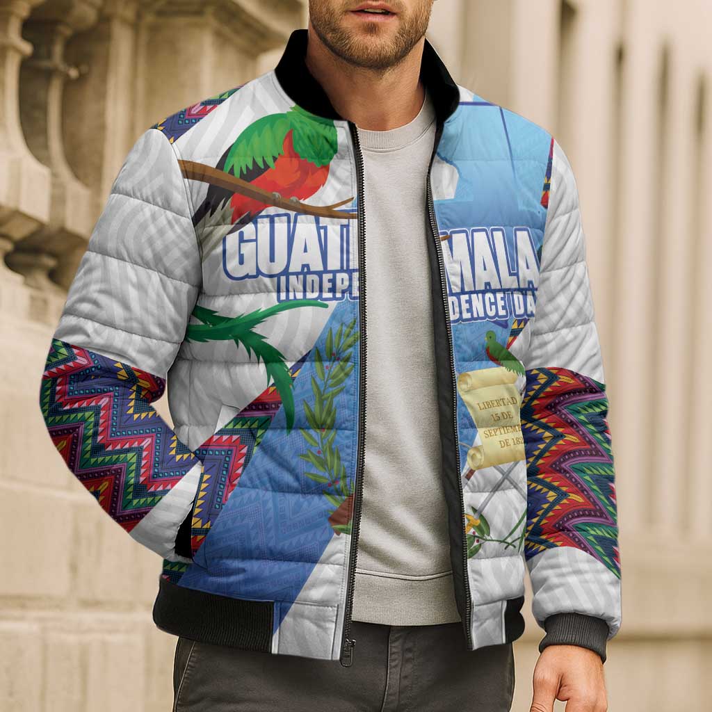 Guatemala Independence Day Bomber Puffer Jacket Resplendent Quetzal with Coat of Arms and Maya Textiles - Wonder Print Shop