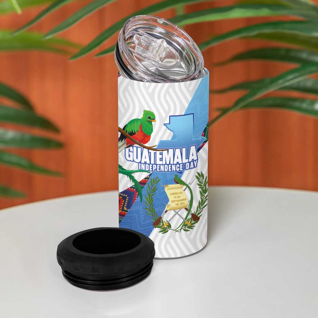 Guatemala Independence Day 4 in 1 Can Cooler Tumbler Resplendent Quetzal with Coat of Arms and Maya Textiles - Wonder Print Shop