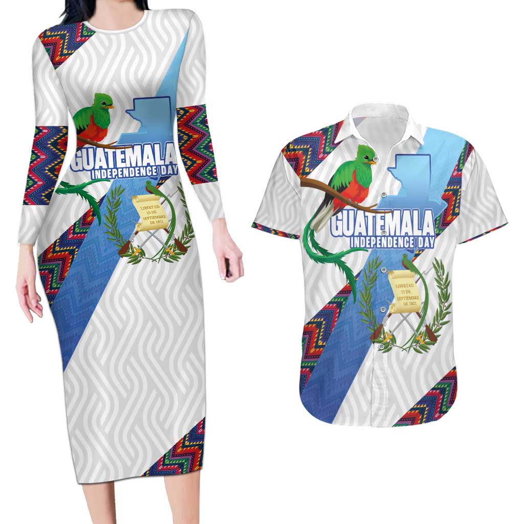 Guatemala Independence Day Couples Matching Long Sleeve Bodycon Dress and Hawaiian Shirt Resplendent Quetzal with Coat of Arms and Maya Textiles - Wonder Print Shop