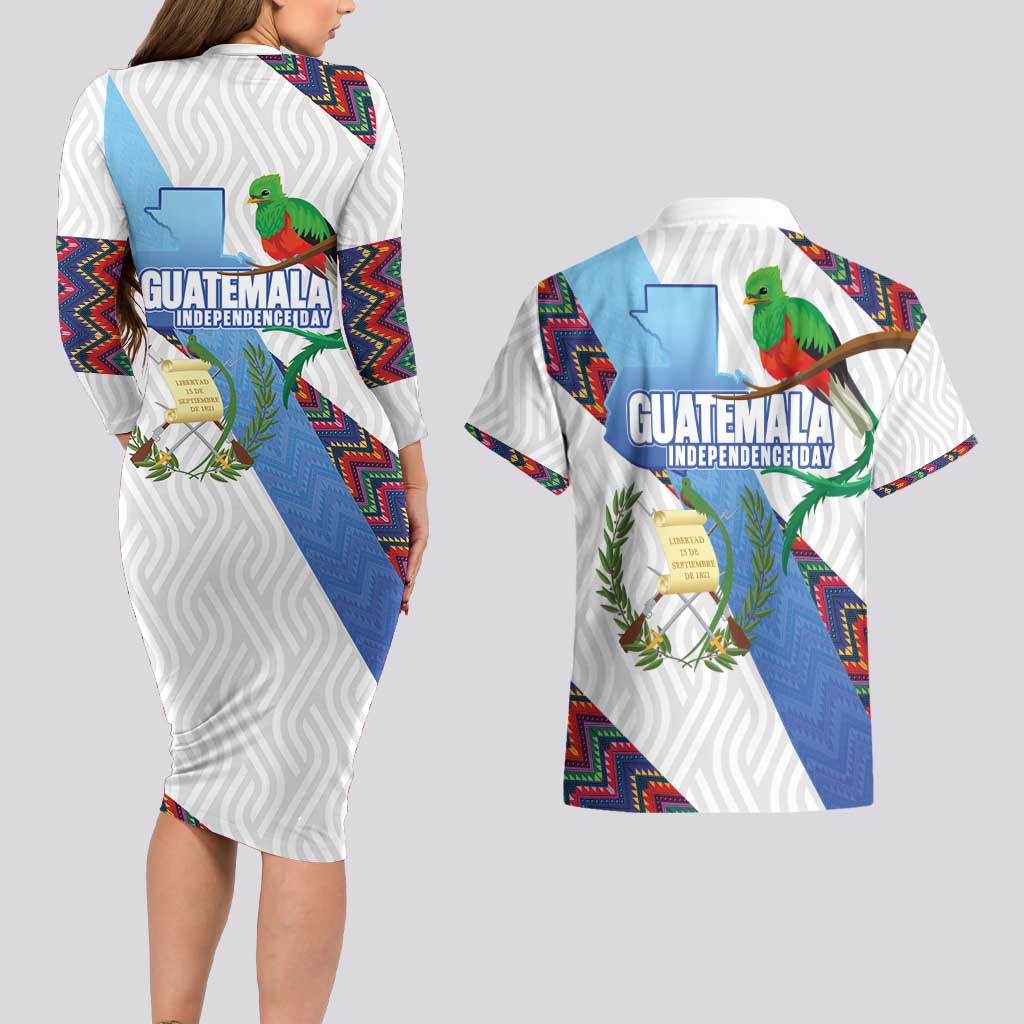 Guatemala Independence Day Couples Matching Long Sleeve Bodycon Dress and Hawaiian Shirt Resplendent Quetzal with Coat of Arms and Maya Textiles - Wonder Print Shop