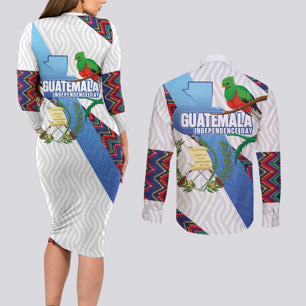 Guatemala Independence Day Couples Matching Long Sleeve Bodycon Dress and Long Sleeve Button Shirt Resplendent Quetzal with Coat of Arms and Maya Textiles - Wonder Print Shop
